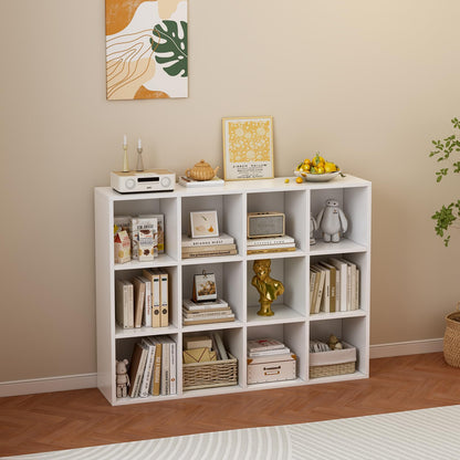 OSCHF 12-Cube Storage Shelf Bookcase - Wooden 3-Tier Floor Standing Open Bookshelf for Home and Office, Display Cabinet, Warm White