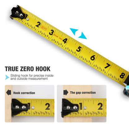 DURATECH Magnetic Tape Measure 25FT with Fractions 1/8, Retractable Measuring Tape, Easy to Read Both Side Measurement Tape, Magnetic Hook and Shock Absorbent Case for Construction, Carpenter