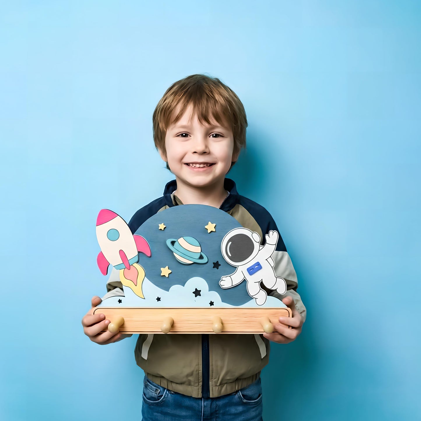 Midrean Wooden Organizer Cute Space Planet Rocket Kids Coat Rack Key Hanger Wall Mount for Coats Hats Towels Bags Hanging Decorative Wood Hook