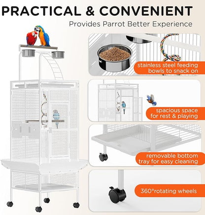 60 Inch Wrought Iron Large Bird Cage with Rolling Stand, Metal Parrot Cage with Play Top & 4 Stainless Steel Bowls for African Grey Cockatiel Sun Parakeet Green Cheek Conure Lovebird Budgie, White
