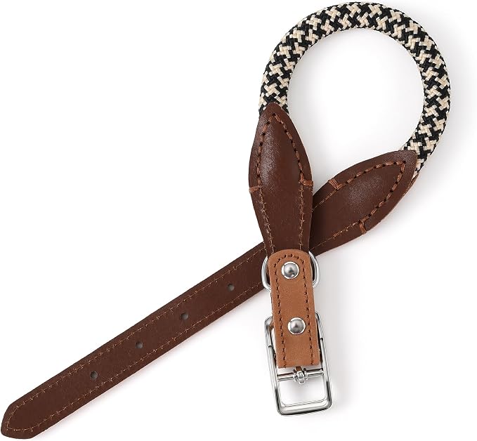 Mile High Life Genuine Leather Dog Collar, Durable Braided Cotton Rope Collar with Metal Pin Buckle for Small Medium Large Dogs (Black Khaki, L Neck 17"-21")