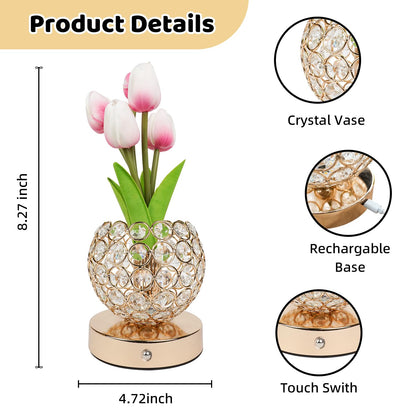 Komothala Tulip Flower Lamp,4000mAh Rechargeable Cordless Lamp with 3-Colour Stepless Dimming,Touch Control Cordless Table Lamp Night-Light for Home Decor,Unique Birthday Gifts for Women