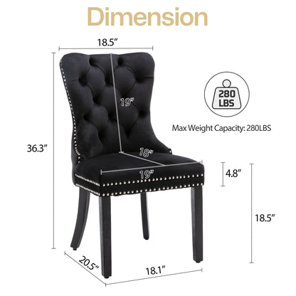 Homedraft Velvet Dining Chairs Set of 4, Nikki Collection Dining Room Chairs with Wood Legs and Pull Ring, Luxury Side Chair with Nailhead Trim and Button Tufted Back, Black