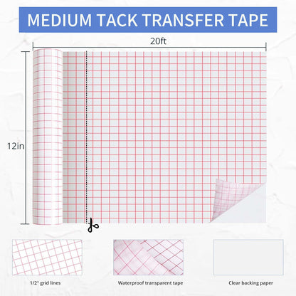 HTVRONT Transfer Tape for Vinyl - 12" x 20 FT Red Alignment Grid Clear Transfer Paper for Adhesive Vinyl - Medium Tack Transfer Tape for Signs Stickers Decals Walls Doors