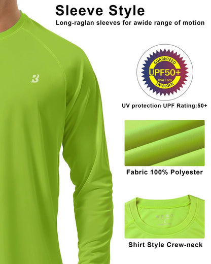 Roadbox Mens UPF 50+ Long Sleeve SPF Diving Rash Guard UV Sun Protection Shirts for Outdoor Fishing Hiking Swimming Running Lime Green
