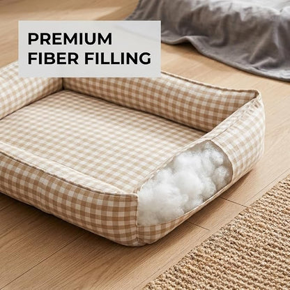 Gingham Dog Bed for Small Dogs, Small, Beige | Washable Removable Cover, Supportive Sponge Base, Bolsters