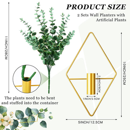 Canlierr 2 Pieces Gold Wall Decor Hanging Planters with Artificial Plants Metal Vase Indoor Plants Holder Modern Geometric Wall Art for Home Bathroom Bedroom Living Room Office(Eucalyptus,Medium)