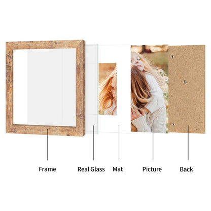 iRahmen 10x10 Picture Frame Set of 4 with Real Glass, Rustic Brown Frames Display 8x8 Picture with Mat or 10 x 10 Without Mat, Wooden Square Photo Frame for Wall Mount and Tabletop Display