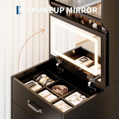 Garvee 3 in 1 Vanity Desk with 3 Color LED, Compact Makeup Vanity Set with 2 AC Outlets & USB, Dressing Table with Drawers & Acrylic Doors, Nightstand Vanity Mirror, Jewelry Box, Hidden Chair, Black