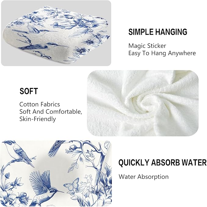 Blue Floral Hand Towels for Bathroom Humingbird Kitchen Towels Watercolor