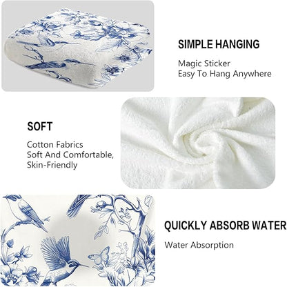 Blue Floral Hand Towels for Bathroom Humingbird Kitchen Towels Watercolor