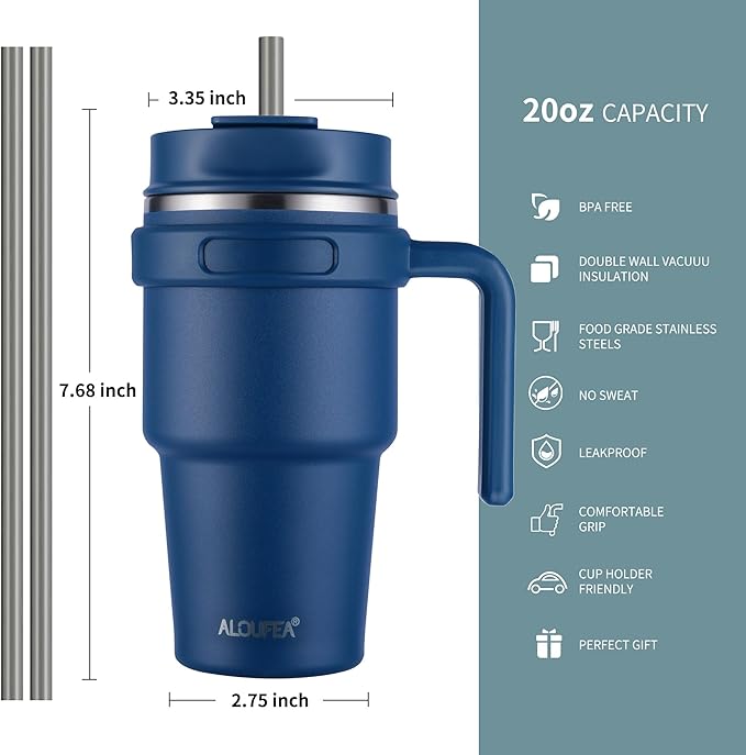 20 oz Insulated Coffee Mug Tumbler with Handle, Stainless Steel Travel Mug Tumbler with Lid and Straw,Double Wall Vacuum Leak Proof Ice Coffee Thermal Cup, Navy/Rose Gold