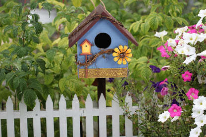 AHUONEL Hanging Bird Houses for Outside Decorative Birdhouse, Garden Bird Feeders for Outdoors, Blue Wooden Bird Nest Box for Wren Finchs Hummingbird Cardinal Bluebird Wild Birds, Gift for Bird Lovers