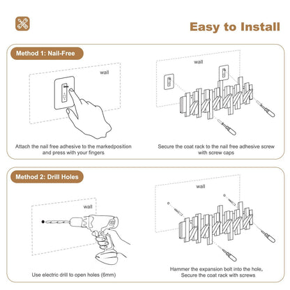 Ufine Wood Wall Mounted Coat Rack with 6 Flip-Down Hooks 16 Inch Wall Hooks for Hanging in Entryway, Bathroom, Home Office