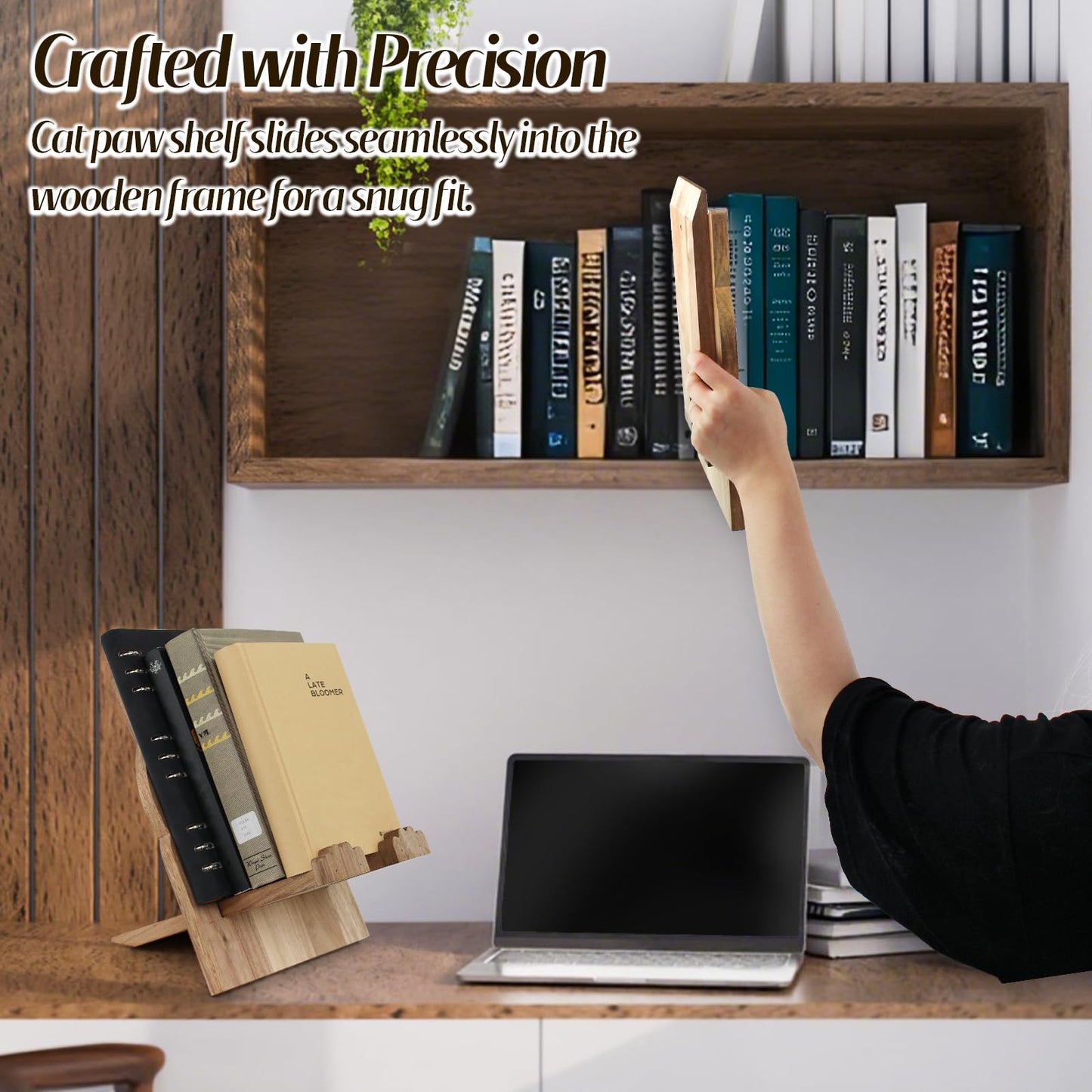 Cat Shaped Wooden Cookbook Stand - Adjustable, Hands-Free Recipe Holder for Kitchen with iPad & Music Rest