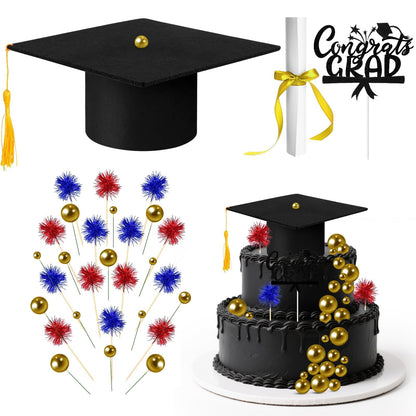32PCS Graduation Cake Decorations Kit for Class of 2026 Includes Felt Tassel Caps, Firework Cupcake Toppers, Diploma and Balls, Black Theme Party Supplies for High School,College Celebrations (Black)