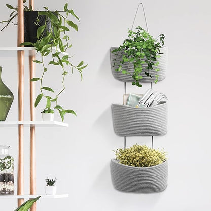 TeoKJ Over the Door Organizer, 3-Tier Woven Cotton Hanging Kitchen Baskets