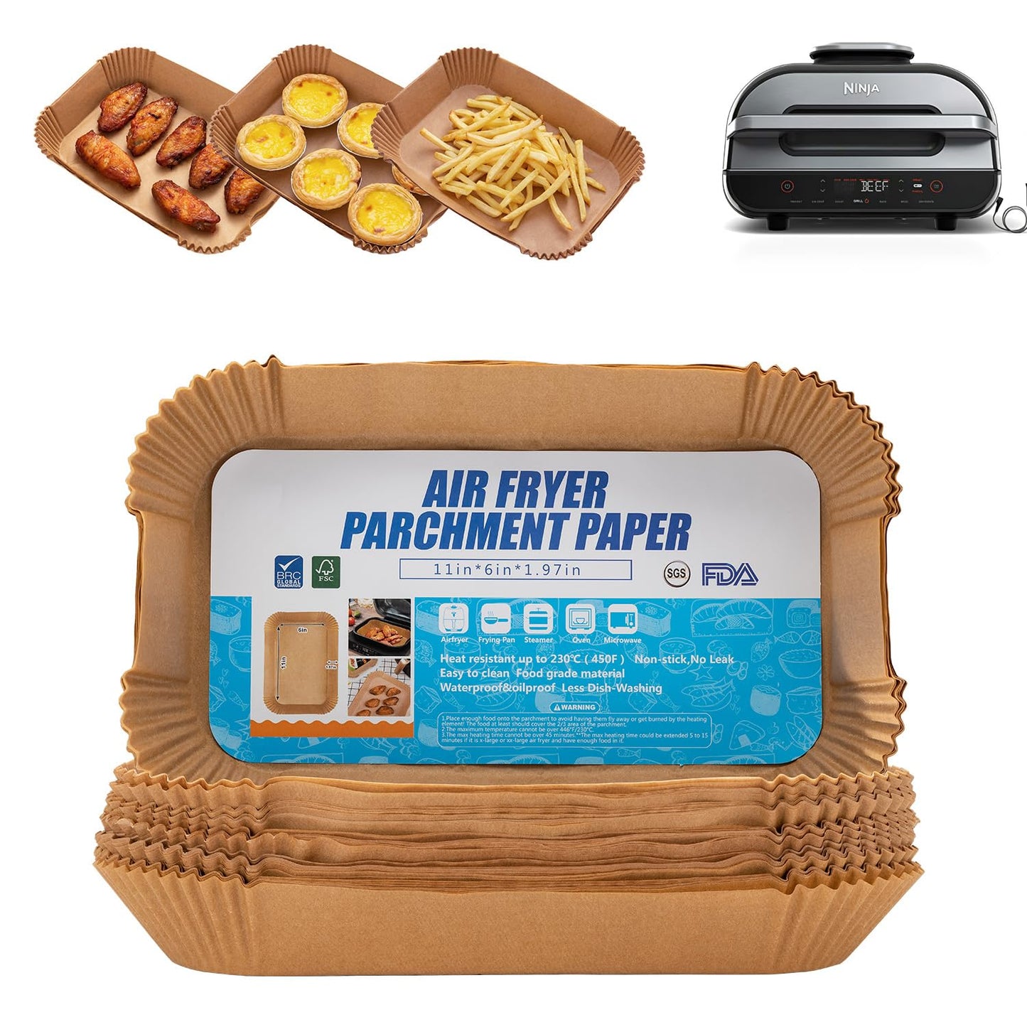 Air Fryer Disposable Paper Liner, 100PCS Food Grade Parchment Liners for Ninja DZ201,Ninja Foodi Dual Air Fryer Accessories Baking Paper (9 * 6, Natural)