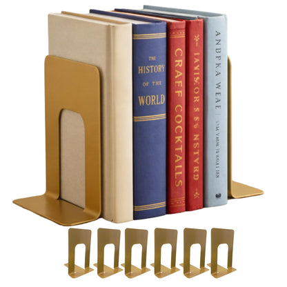 Alessk Dark Matte Gold Bookends for Shelves, Heavy Duty Metal Bookends Supports Heavy Books, Decorative Gold Stops for Home or Office Decoration - 3 Pairs (6 Pieces).
