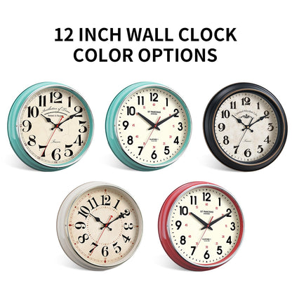 HYJOOY Wall Clock Metal 12.4" Retro Vintage Wall Clocks Countryside Style Silent Non Ticking Easy to Read for Living Room, Kitchen, Bedroom, Office, Bar(12.4" Beige)