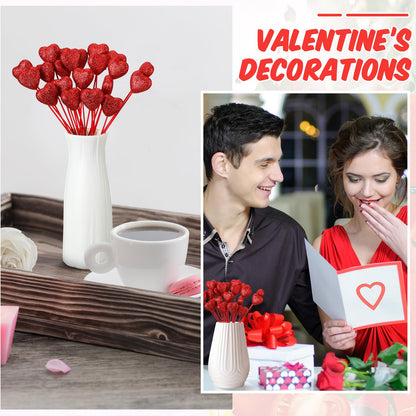 ZCYSRLQIN 24 Pcs Glitter Foam Hearts Sticks Foam Heart Picks Sparkly Hearts Stems Puffy Heart Wooden Picks for Wedding Decorations Flower Arrangements Crafts (Red)