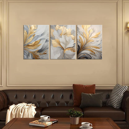 3Pcs Modern Abstract Golden White Leaves Canvas Wall Art Neutral Botanical Wall Decor Pictures Luxury Posters Prints for Living Room Bedroom Office Home Decorations, 12x16in