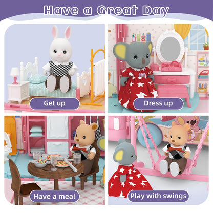 MITCIEN Dollhouse Playset, DIY Pretend Portable Caravan Camper Bus Toy Kit with Little Critters Bunny Dolls Mini Cottage House Set Camping Family Toys for Toddler 3 4 5 6 Year Old Girl
