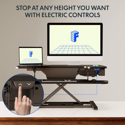 FLEXISPOT 35 inch Electric Standing Desk Converter, Motorized Stand up Desk Riser, Monitor and Laptop Workstation with Wide Keyboard Tray, Black