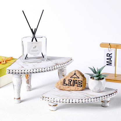 Kigley 2 Tiered Corner Riser for Kitchen Counter Wood Beaded Corner Shelf White Wash Countertop Bathroom Counter Organizer Rustic Decorative Pedestal Stand with Removable Feet for Kitchen Coffee Bar
