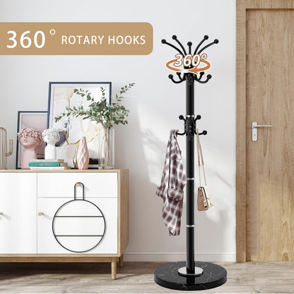 LOZABEE Metal Heavy Duty Coat Rack Stand, Modern Freestanding Coat Rack with Natural Marble Base, 360° Roraty Coat Racks with 16 Hooks, Black Coat Hall Tree Hanger Stand for Entryway, Office