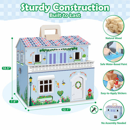 SIMPLIPLAY DIY Portable Wooden Dollhouse, Pretend Play Doll House Set with 4 Rooms, 13 Furnitures, 2 Dolls, 3 Sticker with 2 Styles, 1 Wooden Ladder, Doll House for 3+ Year Old Kids Boys Girls Gift