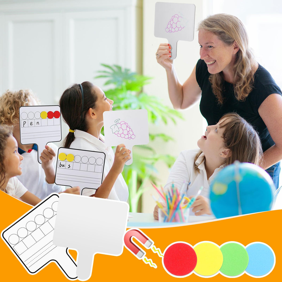 Seajan 6 Pcs Magnetic Dry Erase Boards 8.3" x 9.8" Double-Sided Handheld Answer Boards with Counting Discs Phonics & Literacy Game Toy for Kids Students Teacher & Classroom(Black)