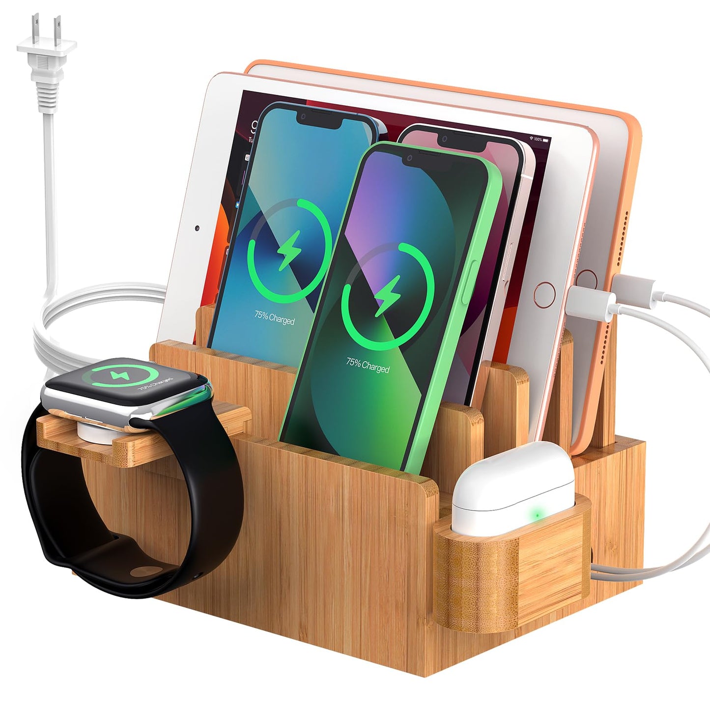 Pezin & Hulin Bamboo Charging Station for Multiple Devices with 5 Port USB Charger, 5 Cables, Watch&Earbuds Stand, Electronic Device Desktop Organizer for Cellphone, Tablet, Watch, Earbuds