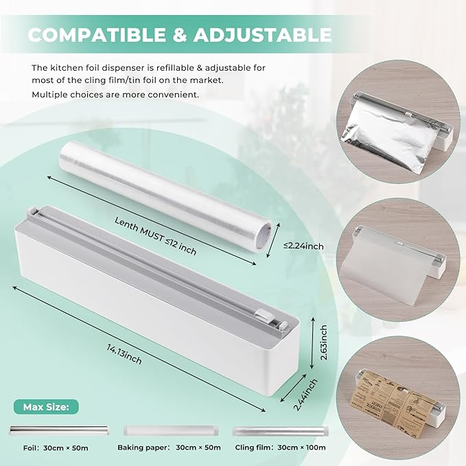 Magnetic Plastic Wrap Dispenser with Cutter - Quasziwa Upgrade Practical Refillable Cling Wrap Aluminum Tin Foil Organizer for Drawer, Include an Extra Roll of 12"X 164' Food Cling Film - Grey