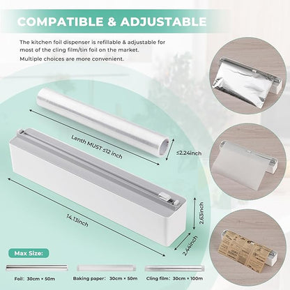 Magnetic Plastic Wrap Dispenser with Cutter - Quasziwa Upgrade Practical Refillable Cling Wrap Aluminum Tin Foil Organizer for Drawer, Include an Extra Roll of 12"X 164' Food Cling Film - Grey