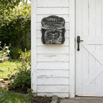 Mailbox Wall Mount Mailboxes for Outside Vintage Mail Boxes for House Outside Metal Drop Box Antique Style Nostalgic Charm Home Decorative, Butterfly Pattern, Black