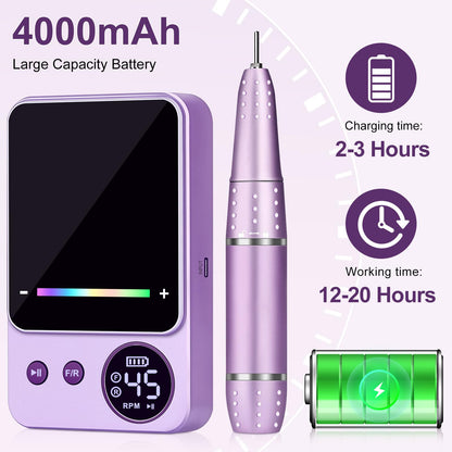 Electric Nail Drill Professional 45000RPM, Portable Smart Touch Display Electric Nail File, 4000mAh Rechargeable Nail Drill Kit for Remover Acrylic & Gel Nails Manicure for Salon Home