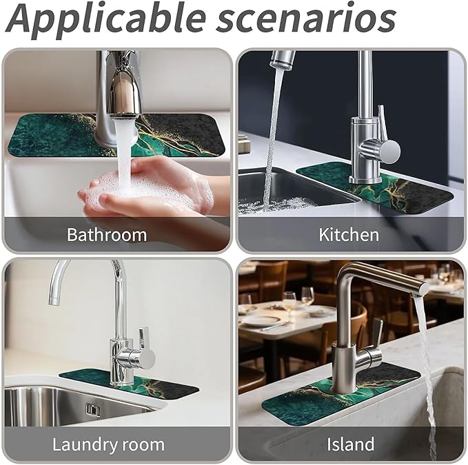 Kitchen Sink Splash Guard，Black and green gold marble Faucet Mat Sink