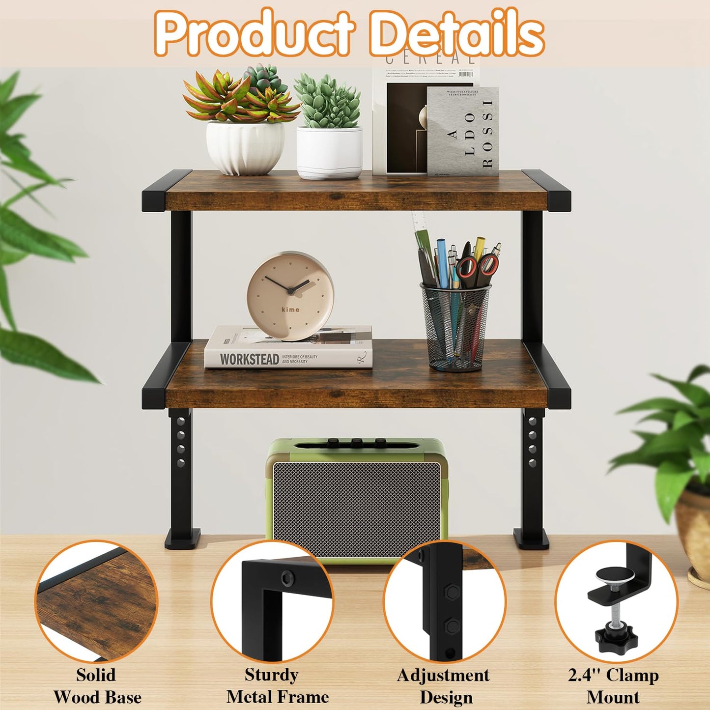 IBUYKE Clamp on Desk Organizer Shelf,12.9 inches Desk Extender Shelves, Above or Below Desk 2-Tier Adjustable Storage Shelves for Desktop Accessories,Rustic Brown,TMZ007H