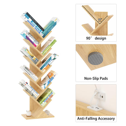 SHEEPAM 10 Tier Tree Book Shelf, Floor Standing Wood Bookshelf for Narrow Space, Storage Organizer Bookshelves for Books/CDs/Magazine, Bookcase with Shelves for Home Office, Living Room - Natural