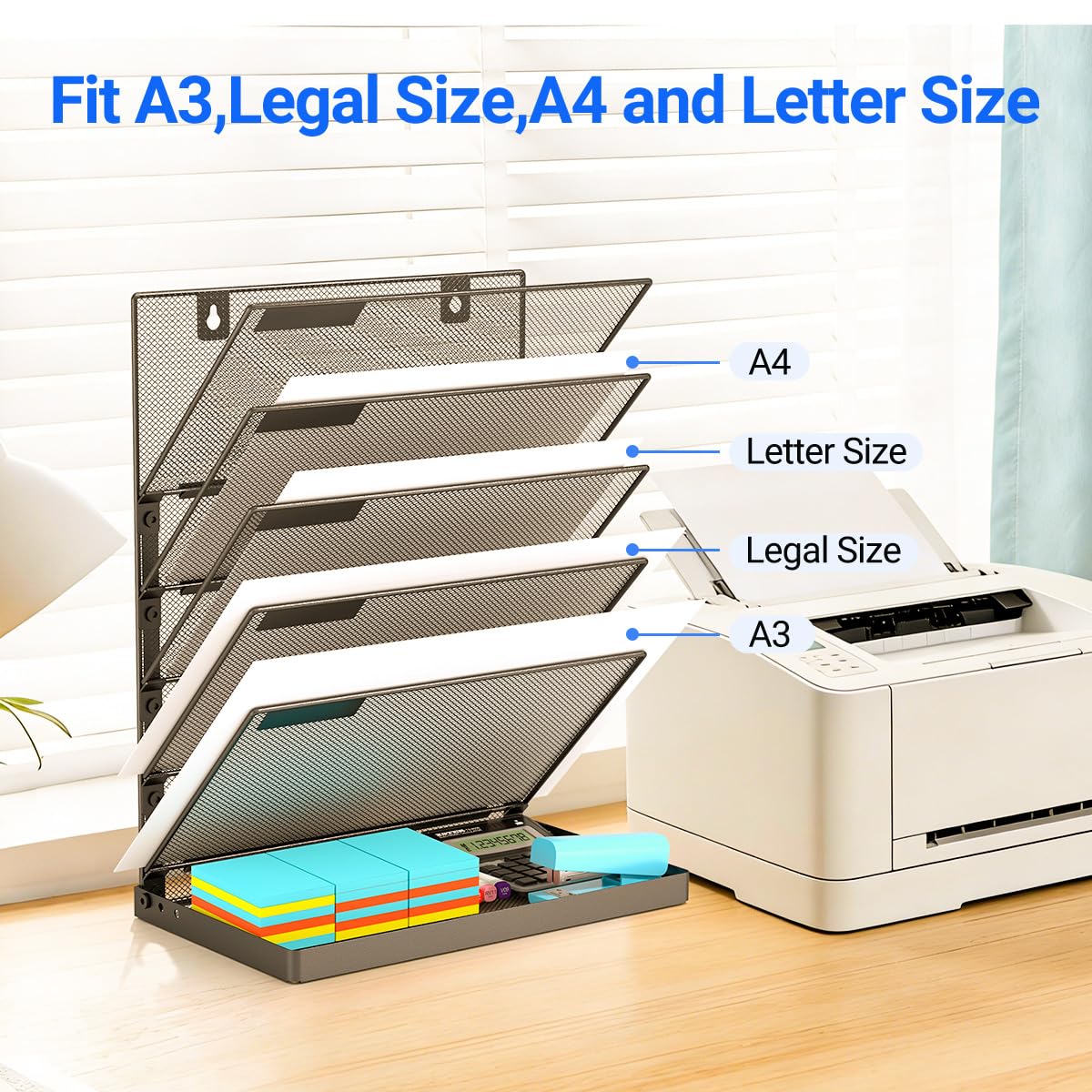 Legal/A4/Letter Size/A3 6 Tier Wall File Organizer,2-in-1 Wall Mounted&Desktop File Holder,2 Installation Methods Screws & Adhesive,Mesh Document Organizer with Label Plate for Home Office
