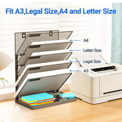 Legal/A4/Letter Size/A3 6 Tier Wall File Organizer,2-in-1 Wall Mounted&Desktop File Holder,2 Installation Methods Screws & Adhesive,Mesh Document Organizer with Label Plate for Home Office
