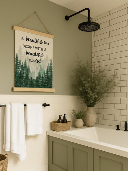 Mindset Framed Canvas Wall Art - A Beautiful Day Begins with a Beautiful Mindset Hanging Canvas Wall Decor for Bedroom Office, Nature Forest Mountain Positive Hanging Poster, Inspirational Gifts for Women