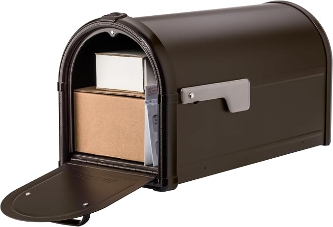 Architectural Mailboxes Hillsborough Post Mount Mailbox, Rubbed Bronze | Galvanized steel build for outside with rust-resistant powder-coat finish and a magnetic door closure. USPS approved.
