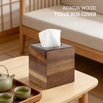 Tissue Box Cover,Square Wooden Tissue Holder with Slide-Out Bottom, Acacia Wood Facial Paper Holder for Bathroom,Living Room,Office, Decorative Cube Facial Tissue Box Cover,Modern Farmhouse Style