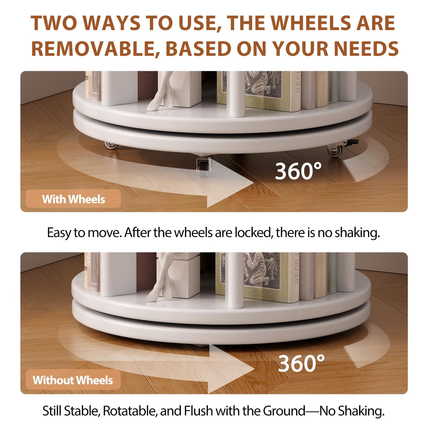 Muwuele Solid Wood Rotating Bookshelf on Wheels, 5 Tier, Round Revolving Bookcase, 360° Spinning Book Shelf Tower for Kids, Narrow Rolling Bookshelves for Small Space, Corner, Bedroom, Office, White