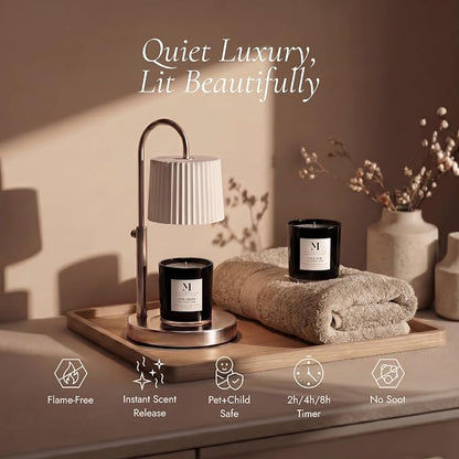 Dimmable Glass Candle Warmer Lamp with Timer - Adjustable Height Candle Lamp Warmer with Timer (8H/4H/2H) - Wax Melter - Ideal Gift, fits Various Size Scented Candles - 02 Bulb - (Silver Chrome)