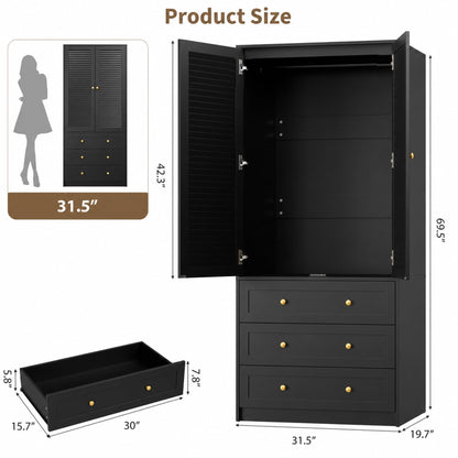 Garvee 70" Wardrobe Armoire Wooden Closet with 2 Doors and 3 Drawers, Bedroom Armoire with Hanging Rod Shelf, Large Capacity Storage Wardrobe Armoire, Freestanding Wooden Closet Storage Cabinet