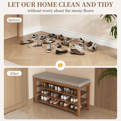 Drogenble SolidWood Entryway Shoe Storage Bench, Flip-Top Soft-Close Lid, Adjustable Shelves, Cushioned Entryway Shoe Rack Organizer,Hallway, Closet, Foyer 39.4''