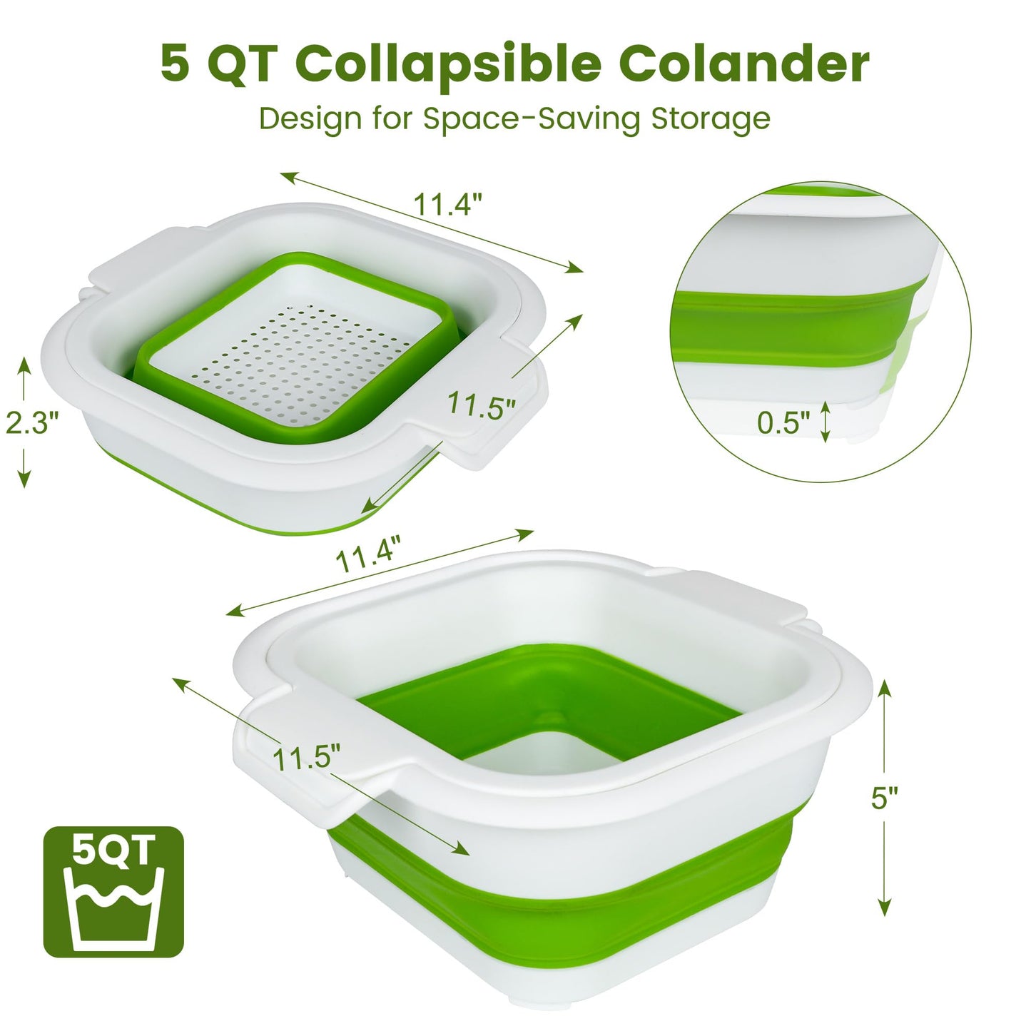 ROTTOGOON Collapsible Colander Set with Strainer Bowl, 2 in 1 Fruit Washing Basket with Strainer, 5 + 3 QT Plastic Colanders for Kitchen, Foldable Double Layered Colanders Bowl for Vegetable, Grey